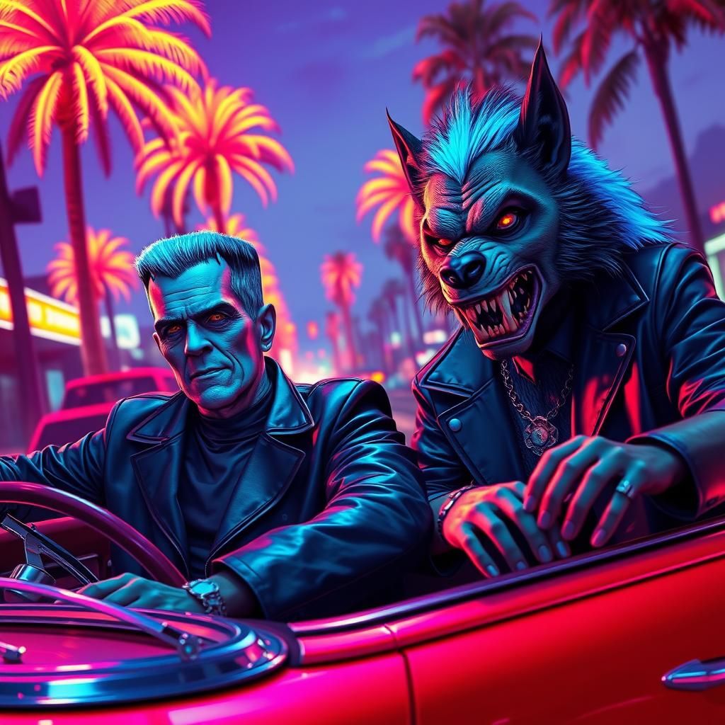 Frankenstein and Werewolf Cruise Sunset Boulevard in Synthwa...