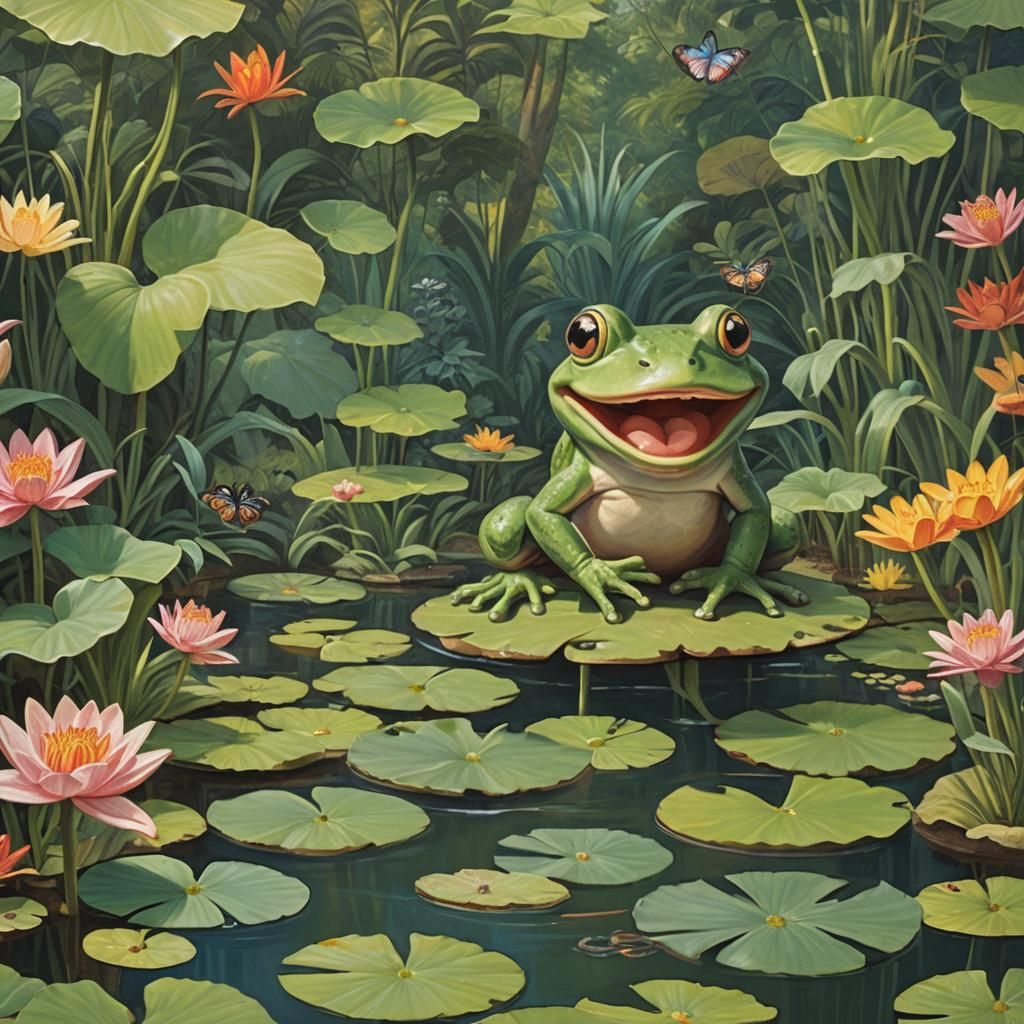 Frog's Joyful Leap in Whimsical Garden