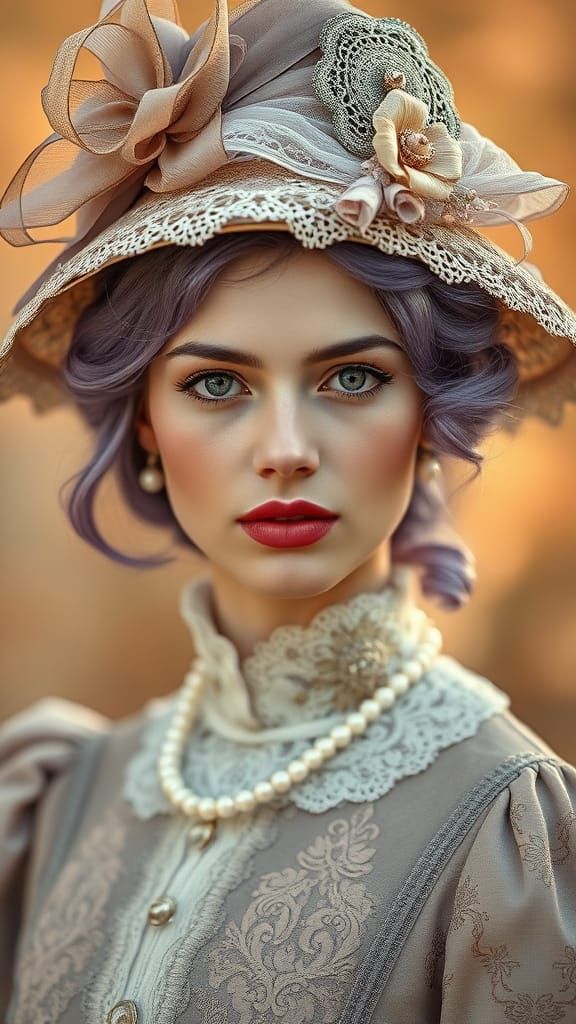 Elegant Woman in Historical Attire with Floral Hat