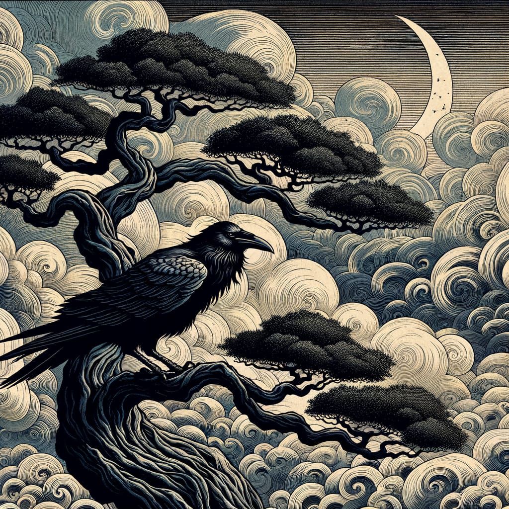 Raven on Twisted Tree Under Ukiyo-e Inspired Sky