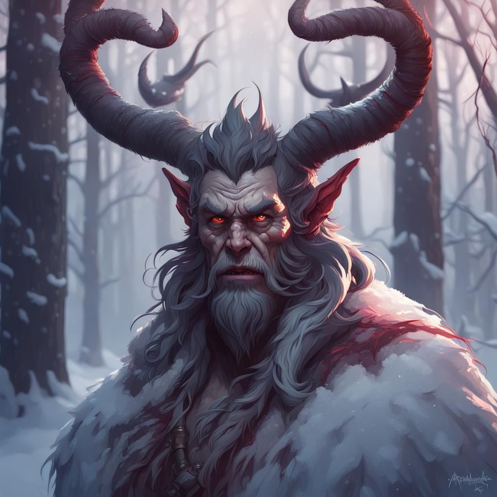 Krampus in Winter Forest: Hyperdetailed Concept Art