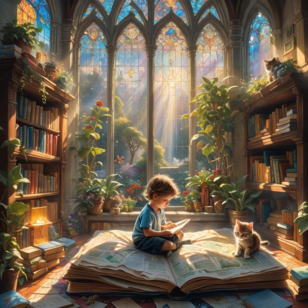 Child Reading Fairytales in Sunlit Room