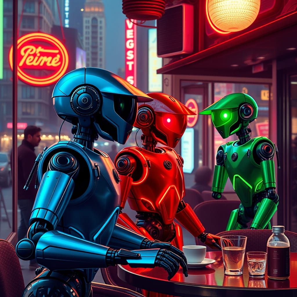 Three Robots Scan City Cafe in Neon Cyberpunk Style