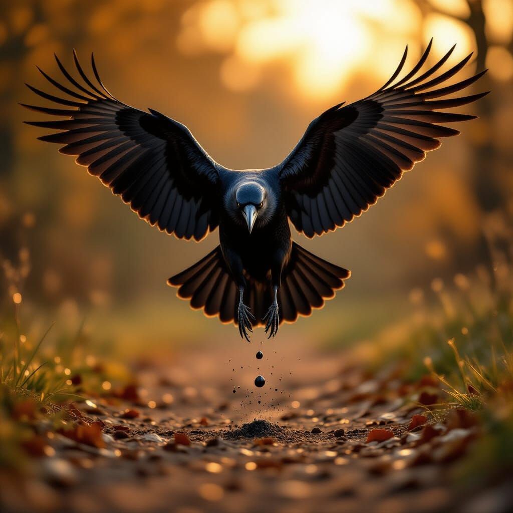 Dramatic Raven in Flight with Poop Falling, Golden Hour
