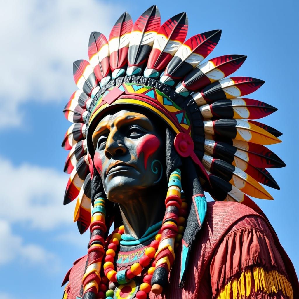 Vibrant Native American Chief Statue in Colorful Headdress