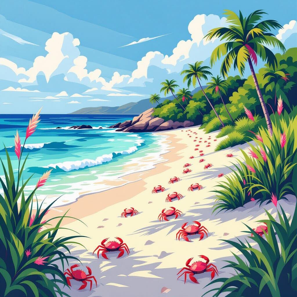 Cubist Island Paradise With Pink Crabs