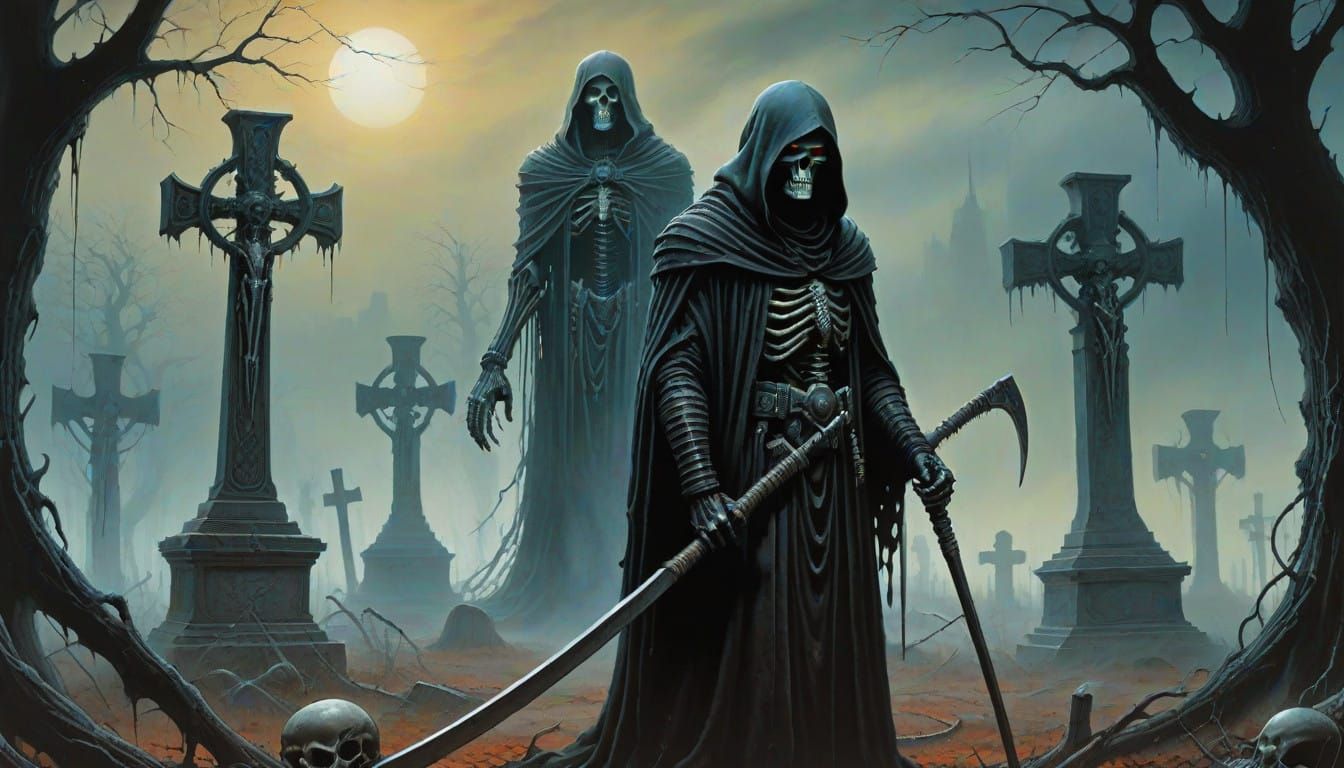 Dark Figure Emerges from a Haunting, Misty Graveyard Scene