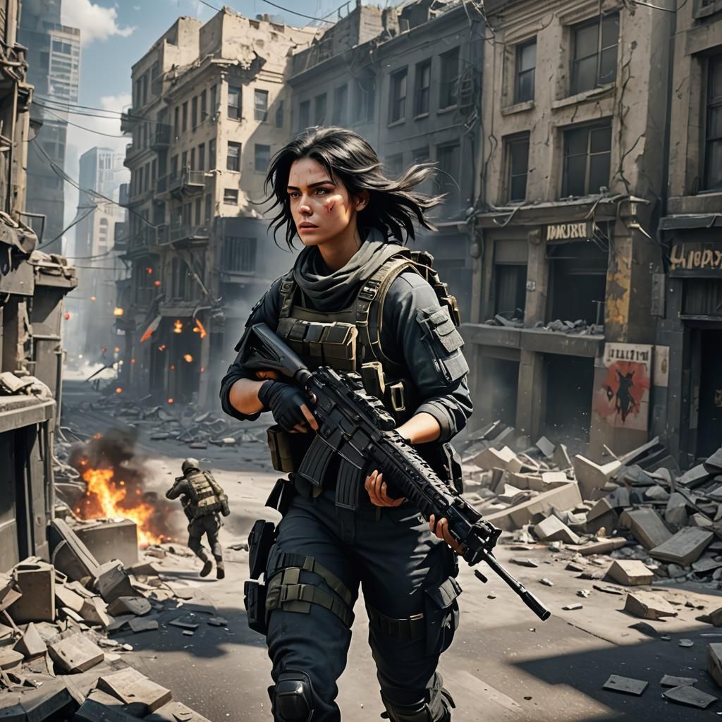 Tactical Female Soldier in War-Torn Cityscape