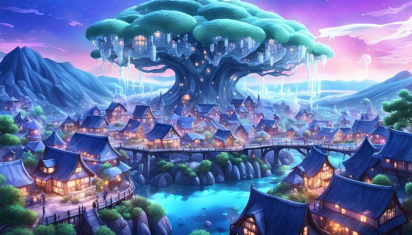 Ethereal Fantasy Village of Lumina: 3D Anime Art