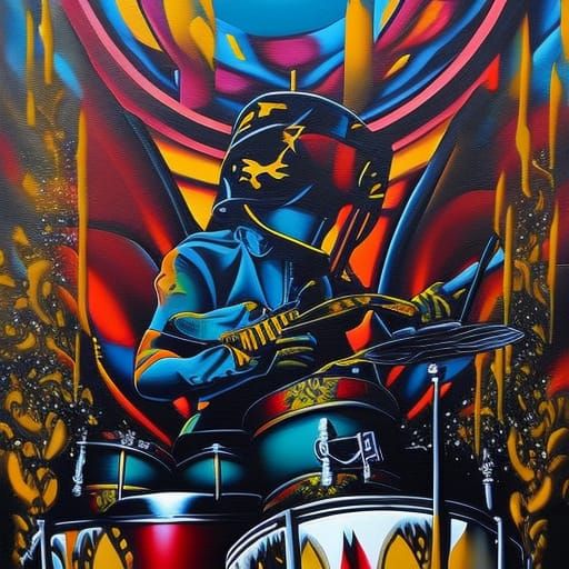 Time-Traveling Drummer in Graffiti Street Art Style