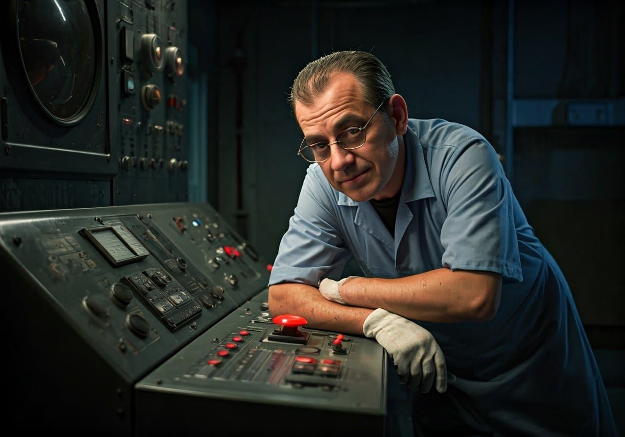 Janitor Leans on Destruct Button in Retro Sci-Fi Setting