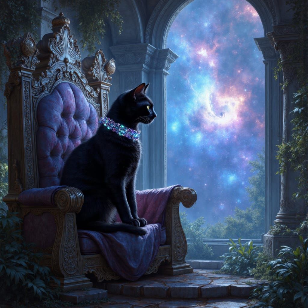 Majestic Cat on Moonstone Throne in Cosmic Ruins