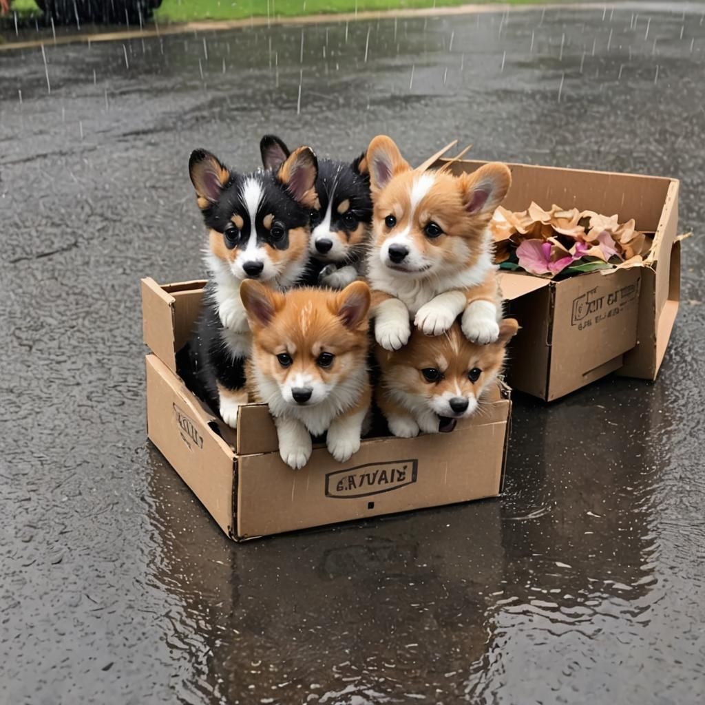 Cute Corgi Kittens Shelter from Rain