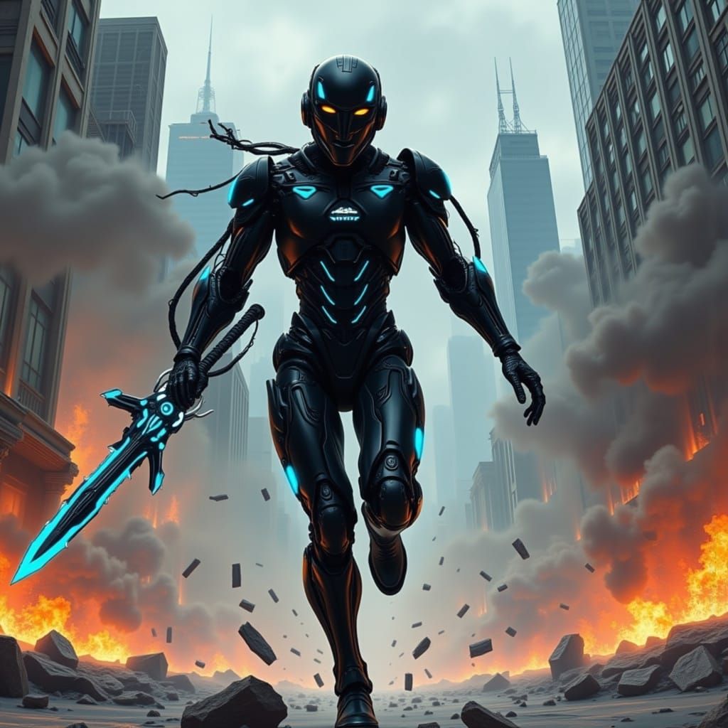 Cybernetic Mercenary in Gritty Dystopian Urban Landscape