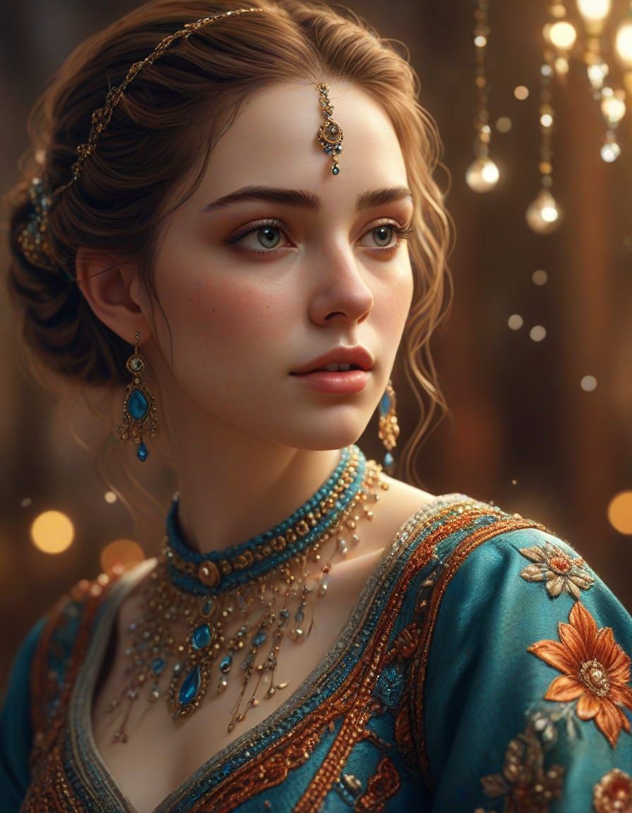 The Needlewoman Girl's Whimsical Bead Toss in Hyper-Realisti...