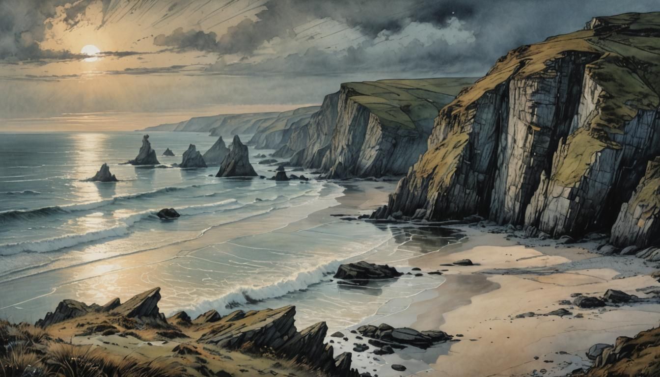 Dramatic Cornwall Coast at Twilight: Romanticism-Inspired Ar...