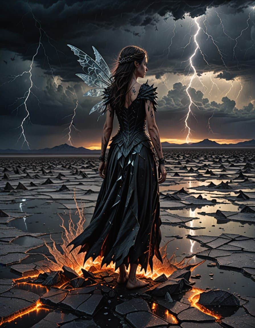 Crystal Fairy Roams Desolate Salt Flat in Dark Fantasy Style