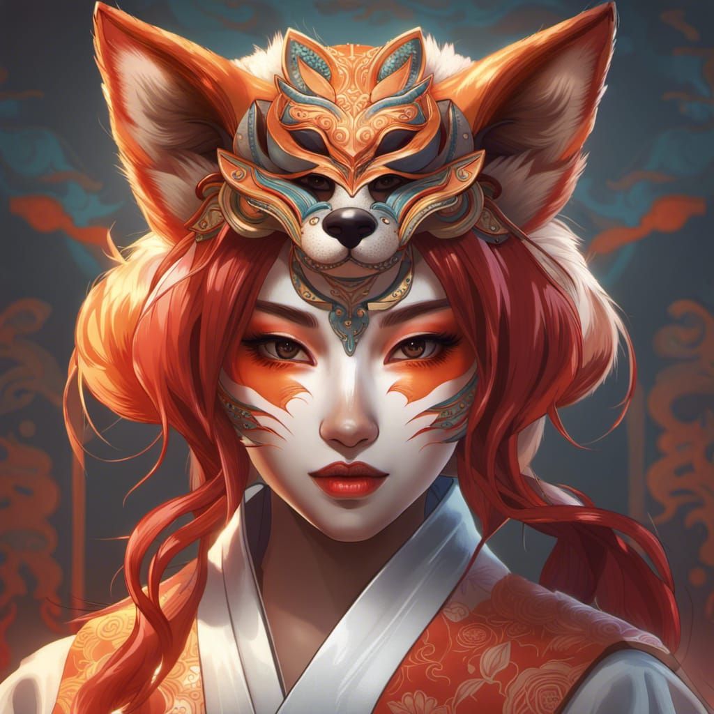 Japanese Girl in Kitsune Mask: Hyperdetailed Portrait