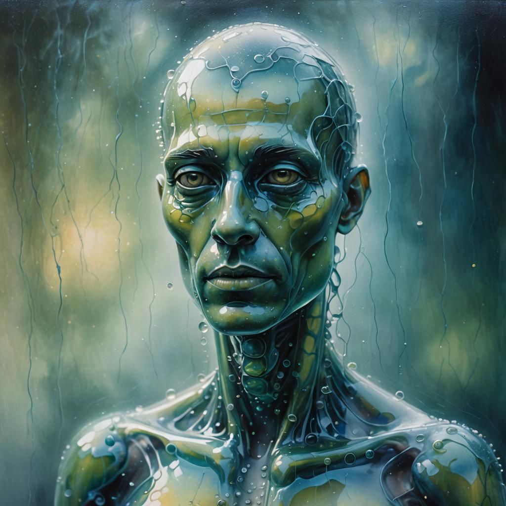 Glass Humanoid Portrait in Fog, Surrealism Oil Painting