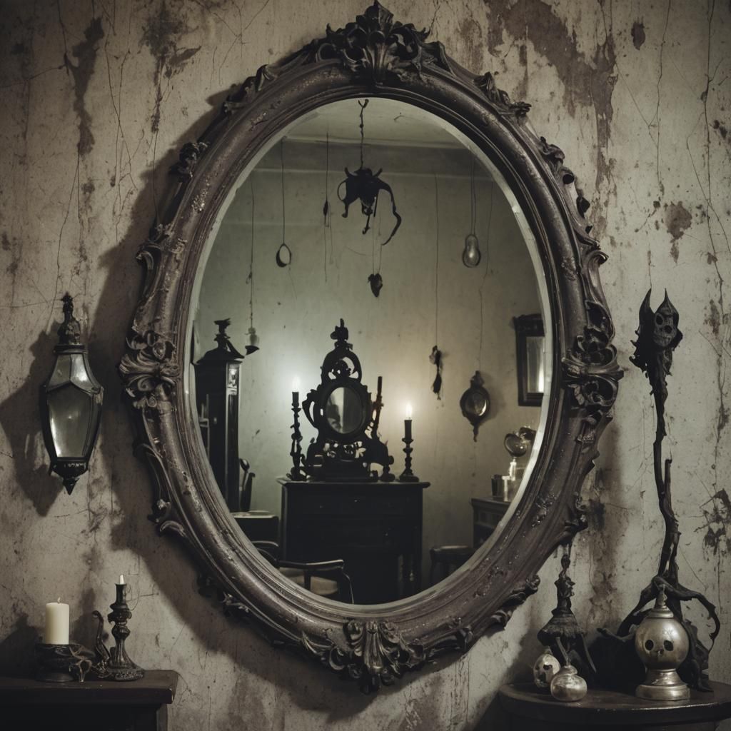 Eerie Scene: Ancient Mirror Reflecting Ghostly Figures