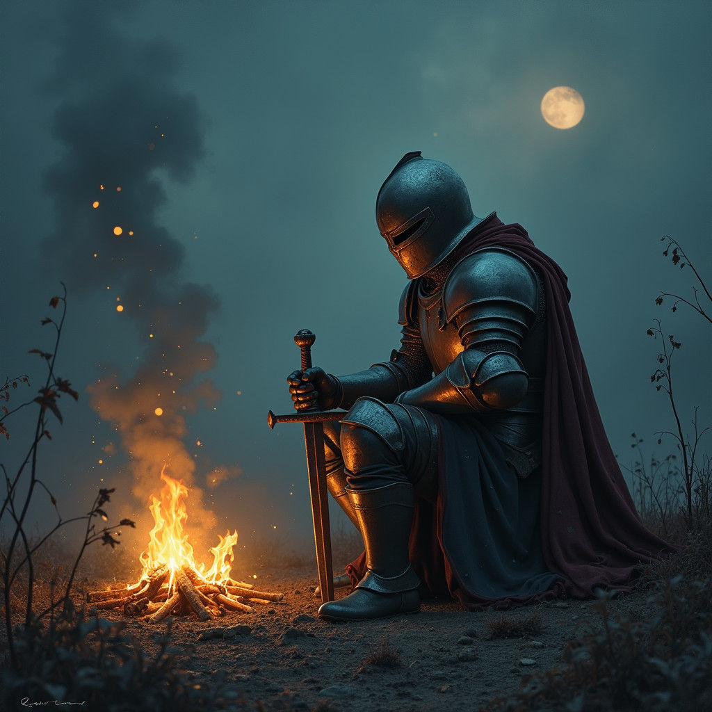 Medieval Knight Resting on Battlefield at Night
