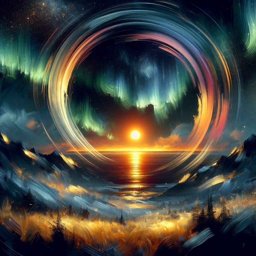 Aurora Borealis Circling a Rising Sun Painting