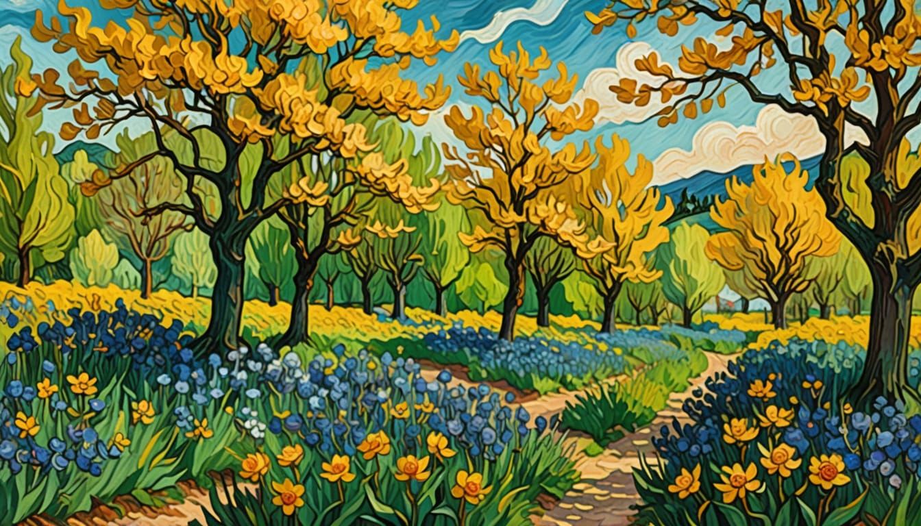 Blooming Landscape in Van Gogh's Impressionist Style
