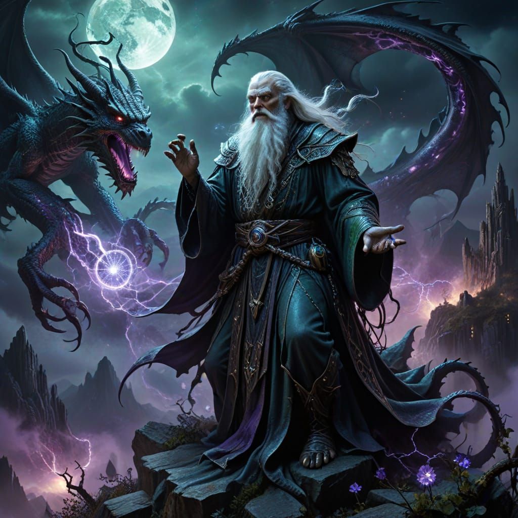 Wise Wizard Conjures Magic Amidst Dragons and Glowing Webs