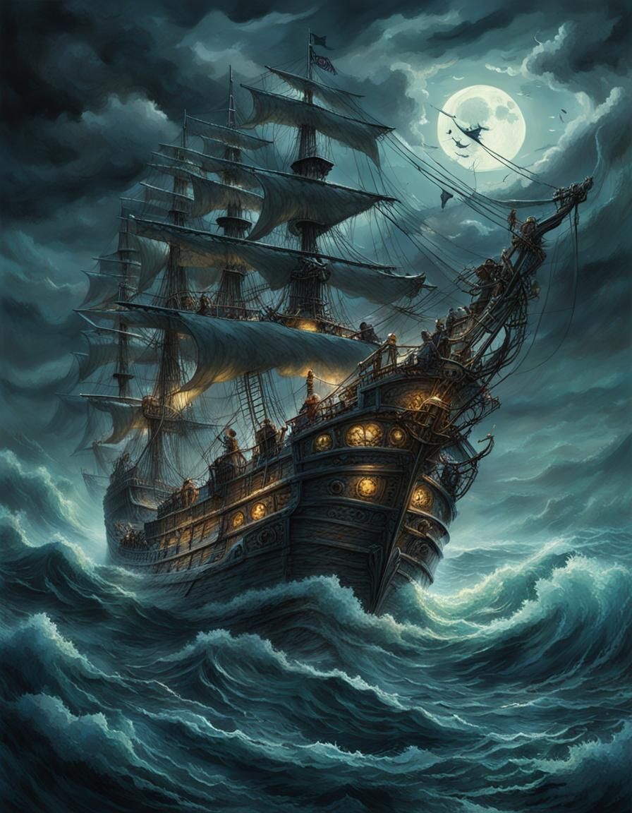 Ghostly Pirate Ship Navigating Stormy Seas in 3D