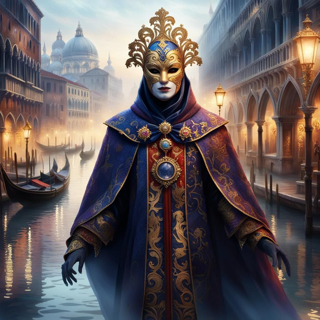 Venetian Masked Figure in Misty Canals
