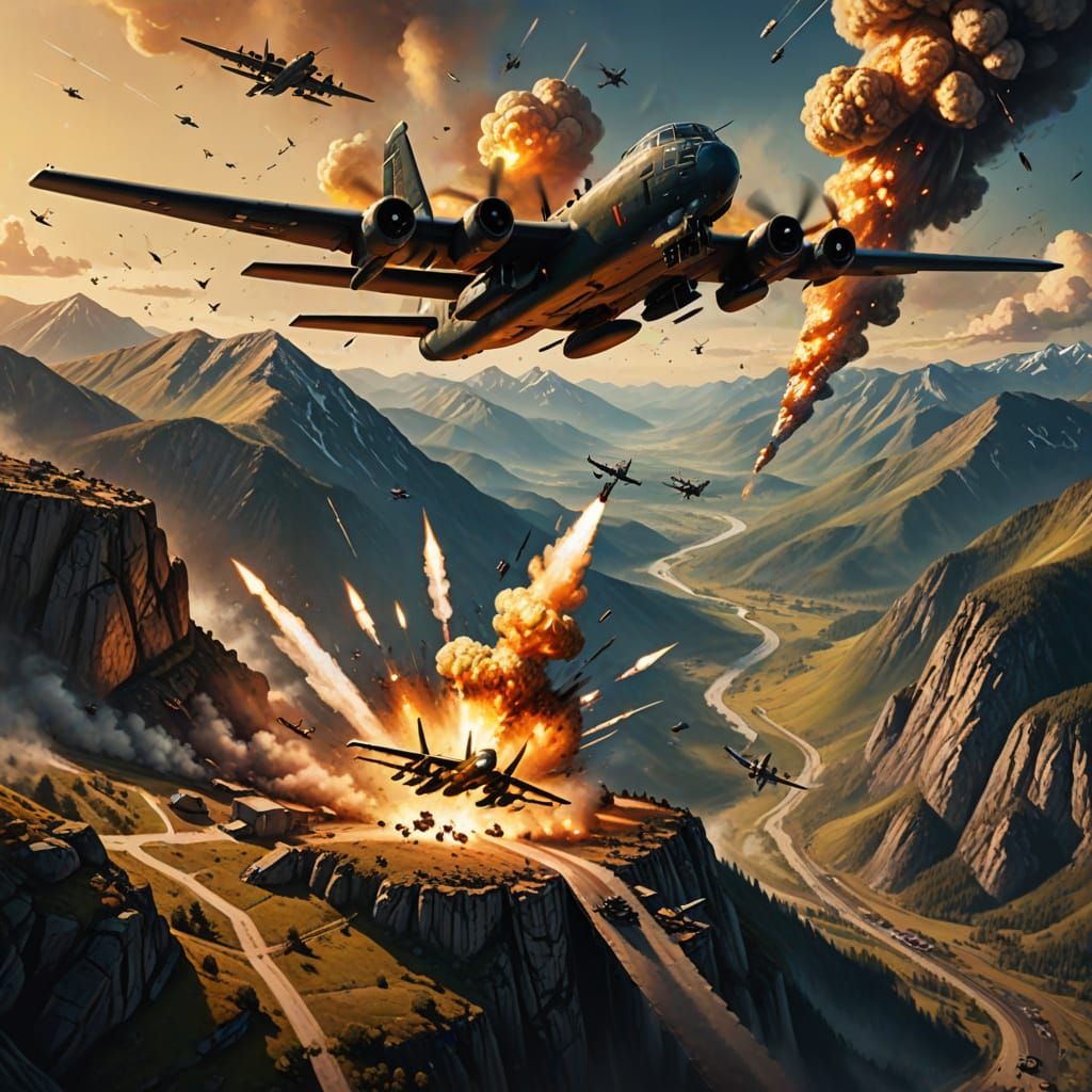 Fighter-Escorted Bomber Strikes Mountain Base: Oil Painting