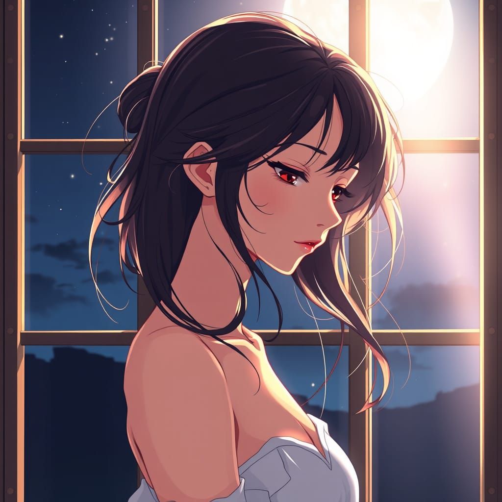 Dreamy Woman Basks in Moonlit Radiance