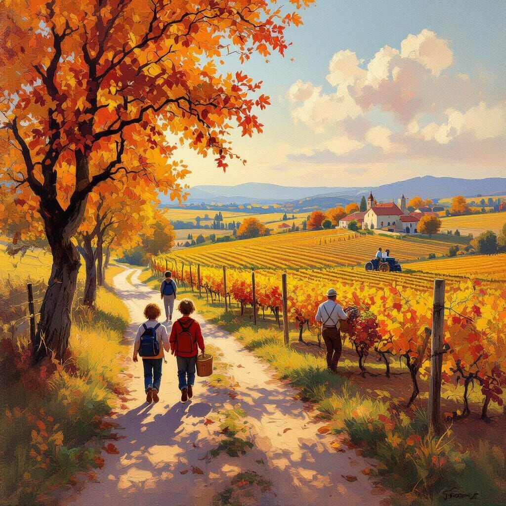 Autumn Harvest Scene: Children, Grapes, and Plowing Fields