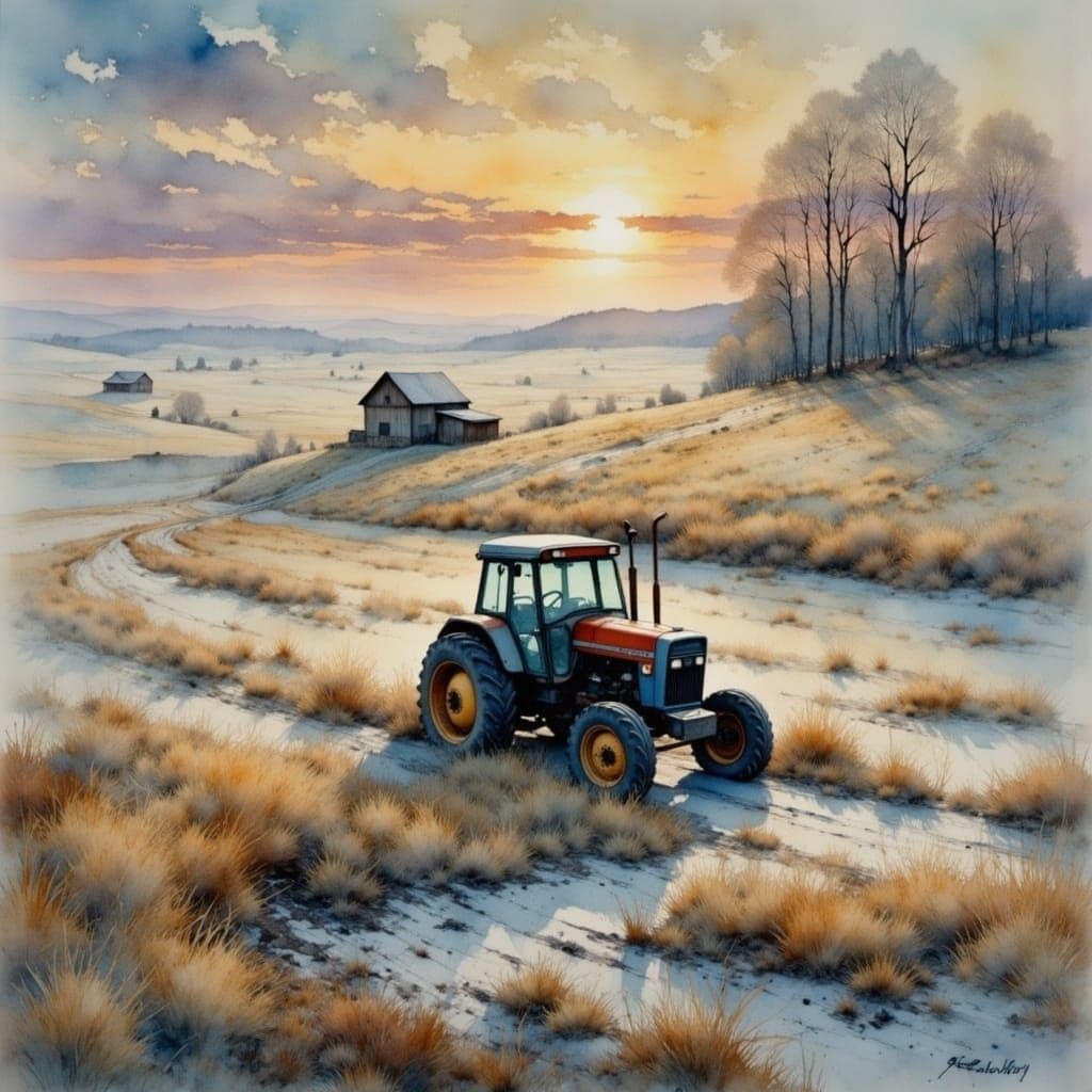 Watercolor Sunrise Over Frosty Fields