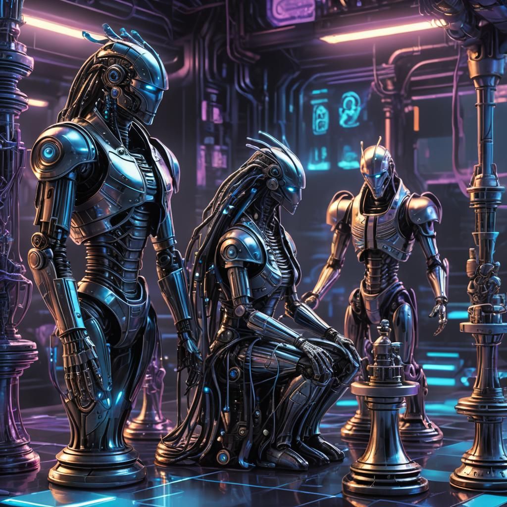 Cybernetic Chess Pieces in Cyberpunk Lab