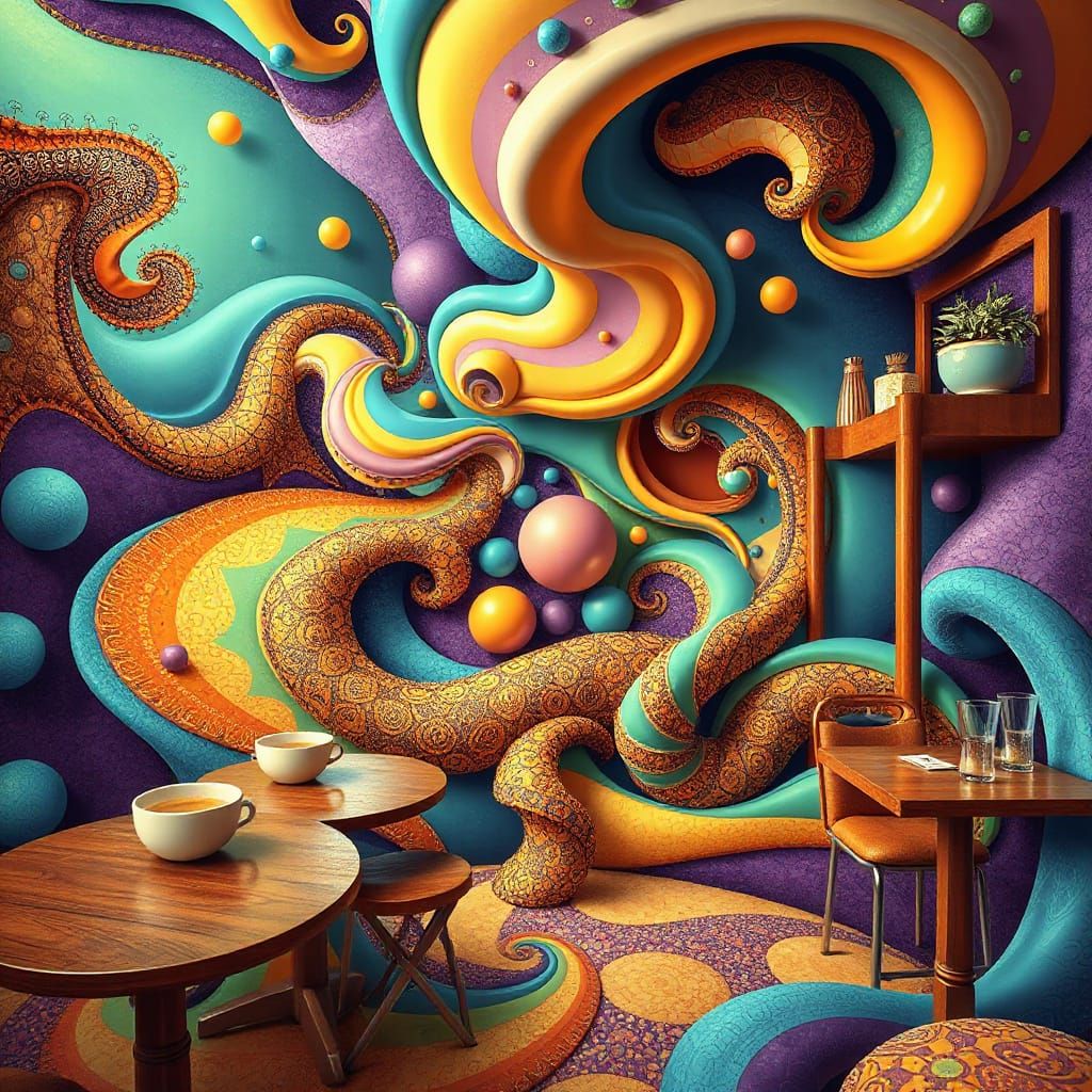 Psychedelic Coffee Shop with Abstract Vector Patterns