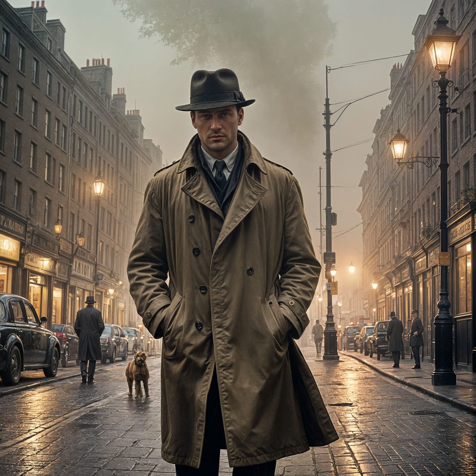 Detective at 1930s Dublin Crime Scene in Noir Style