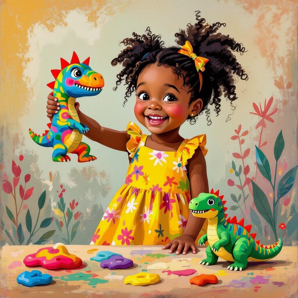 Girl Presents Playdough Dinosaur Sculpture Art