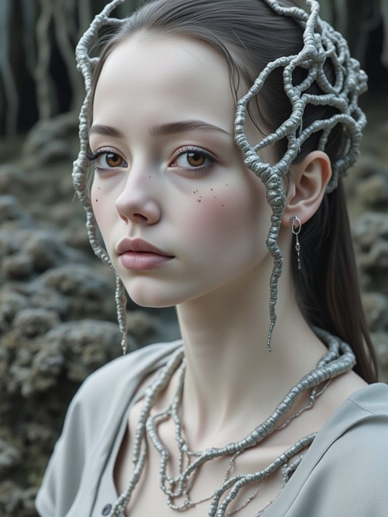 A Woman in Alien Ornamentation Amidst a Xenomorph Hive