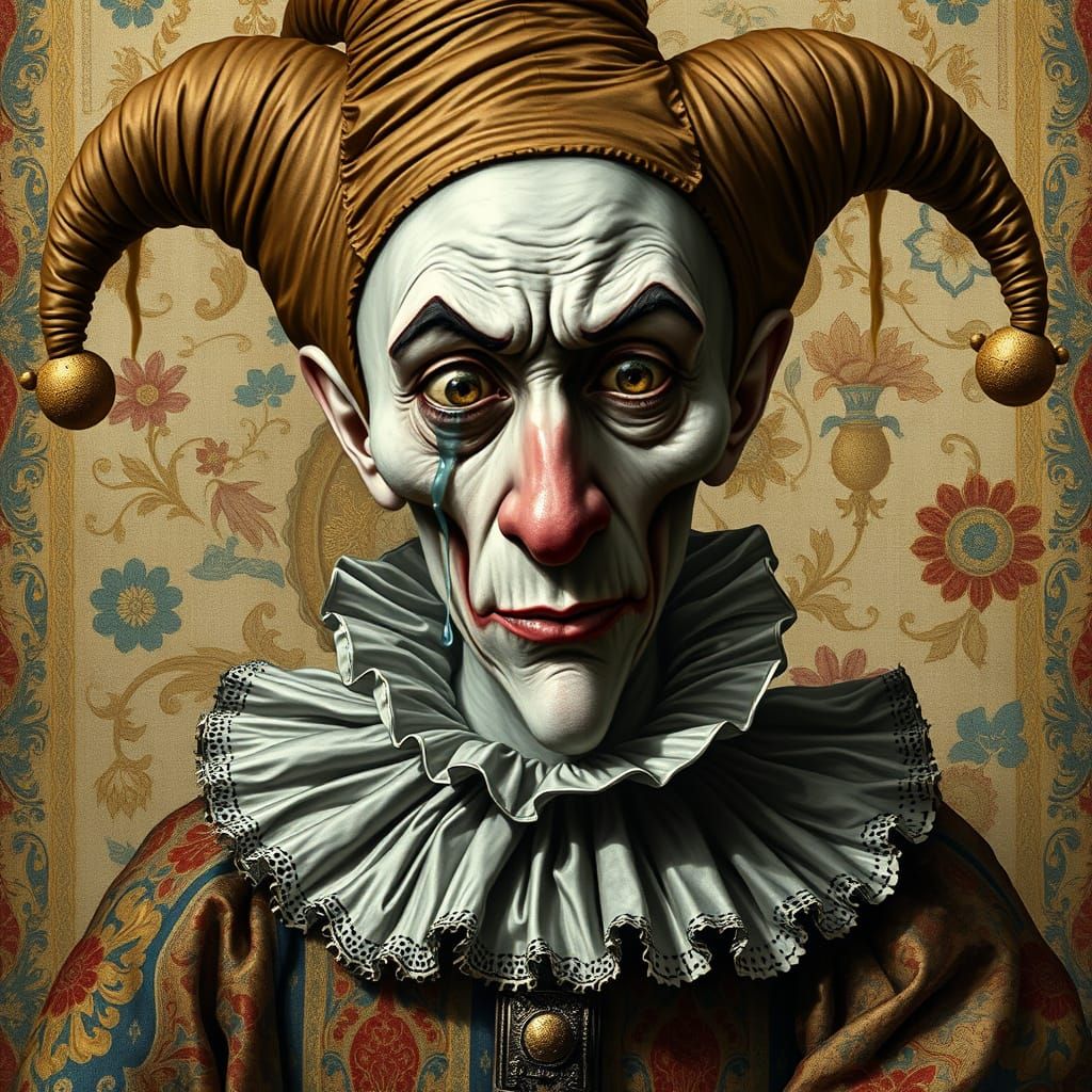 Terrified Jester in Renaissance Style with Tear