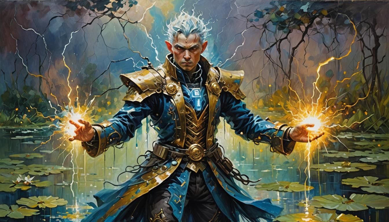 oil painting, Impressionist painting rough brushes, classical painting, canvas; portrait of electricity mage cyborg-pers...