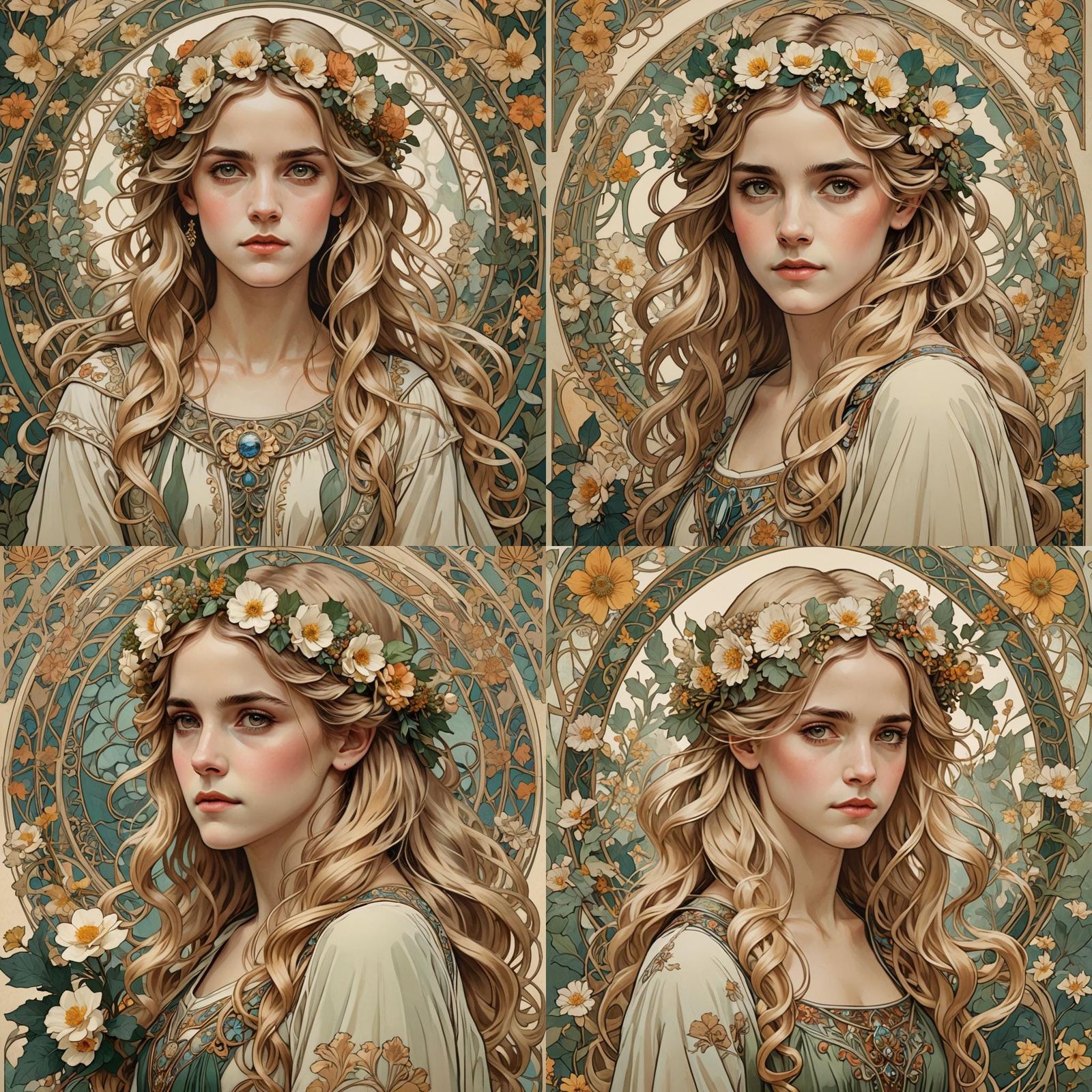 Art Nouveau Portrait of Blonde Woman with Floral Wreath