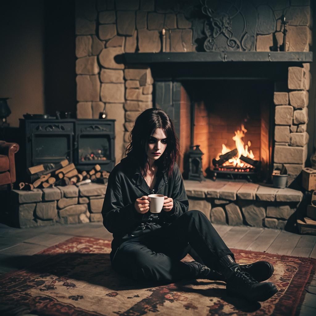 Vampiric Woman by Fireplace: Cinematic Film Still