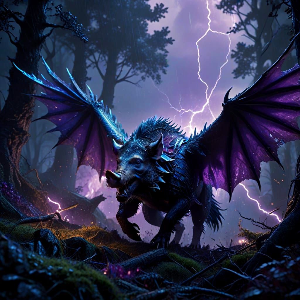 Winged Boar Dragon Soars Through Stormy Forest