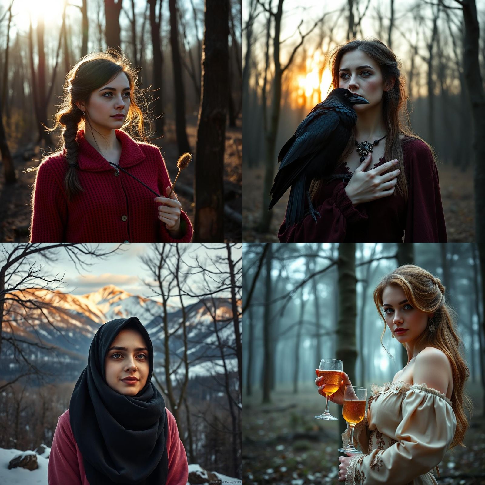 Girl with Raven in Mysterious Forest at Twilight