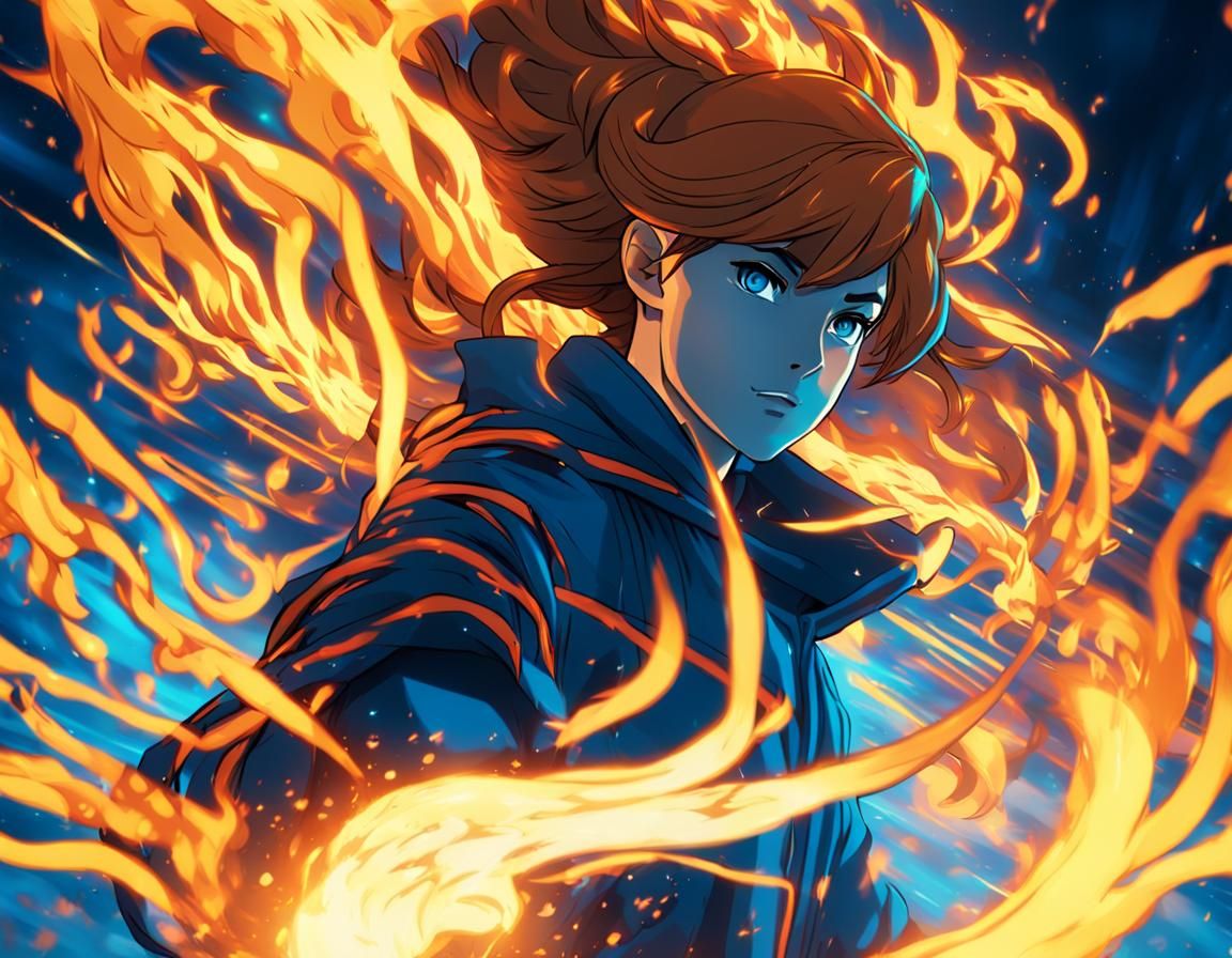 Anime Woman Firebending Blue Flames in Studio Trigger Style