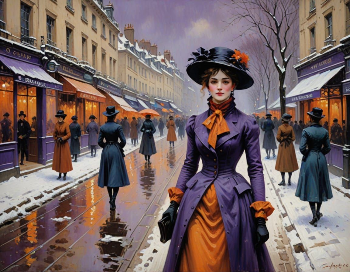 Impressionist Parisian Scene in Winter, Female Figure in For...