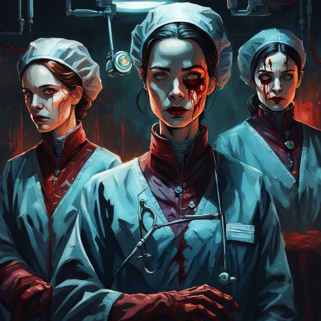Vampire Surgeons in Dimly Lit Operating Room