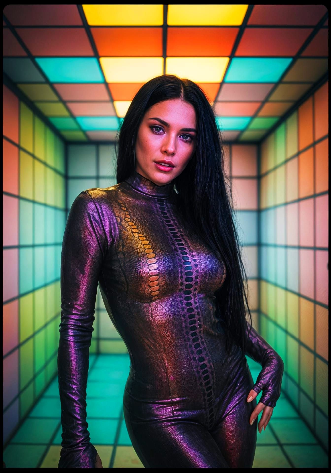 Seductive Woman Poses in Multicolored Lit Tile Chamber