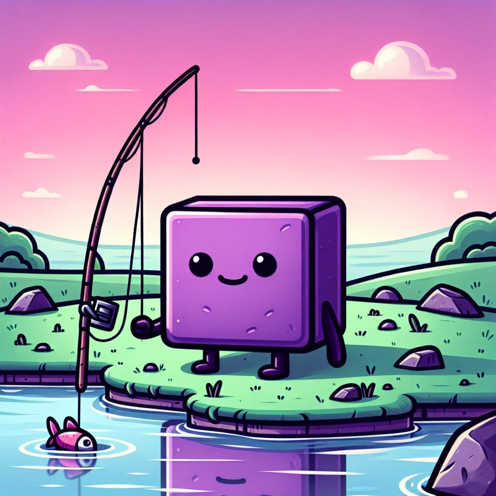 Cute Purple Square Character Fishing in Serene Landscape